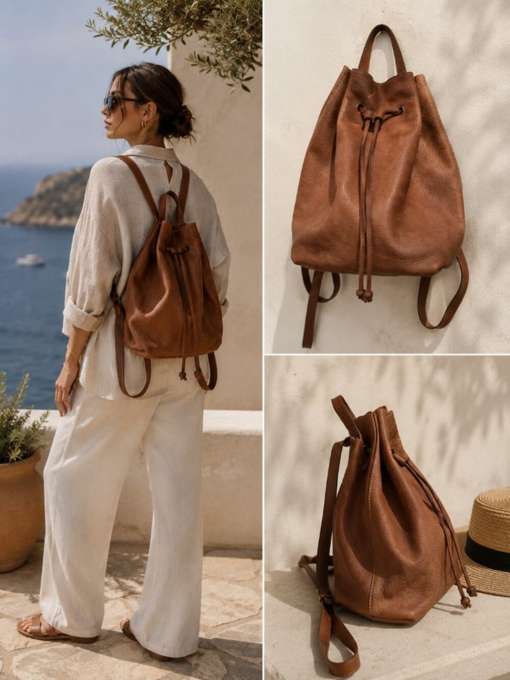 Madewell Brown Leather Drawstring Backpack Bucket Bag Rucksack Pebbled Leather